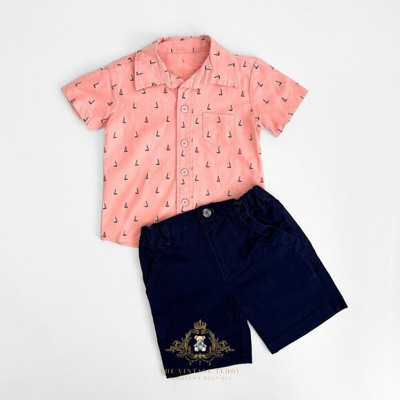 Other - NWT Cute Boys Oxford Button Down Shirt & Shorts Matching Set Salmon & Navy 3T